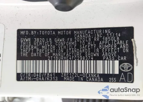 2015 Toyota Corolla Le from USA, damaged, VIN 2T1BURHE4FC298374